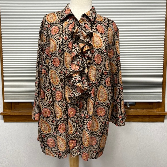 Lauren Ralph Lauren Tops - 2X // Lauren Ralph Lauren Brown Patterned Ruffle Front Button Down Cotton Shirt